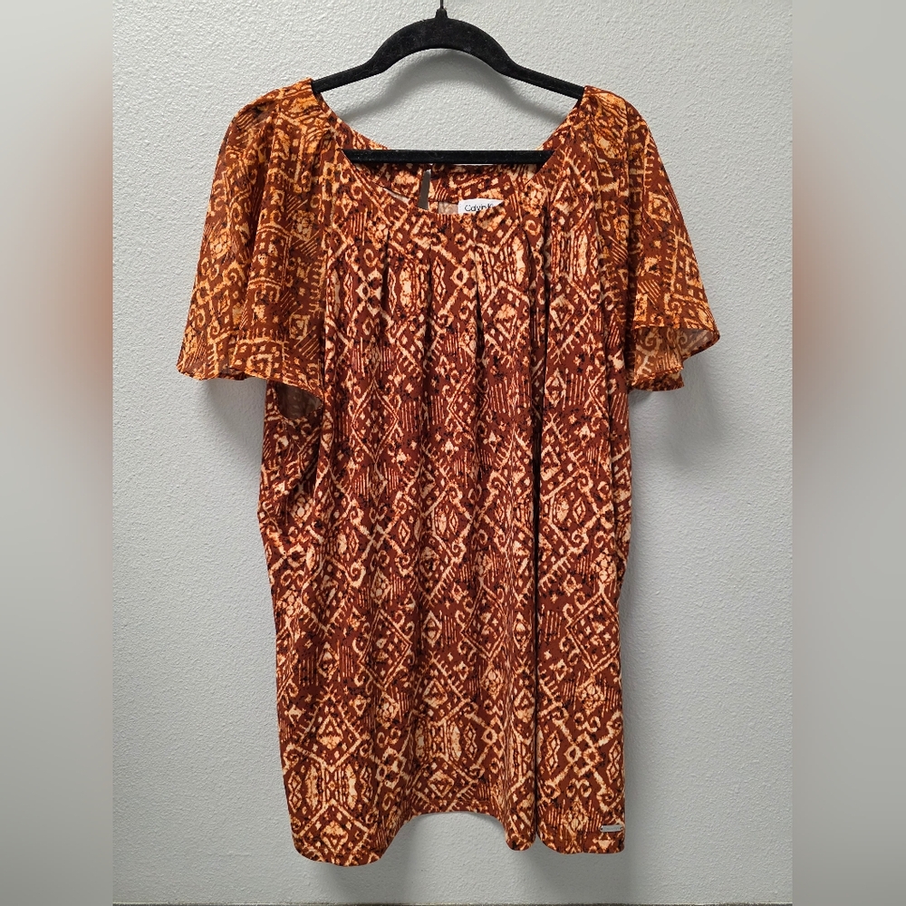 Calvin Klein Blouse Size 1X Flowy Sheer Sleeves Fun Pattern‎